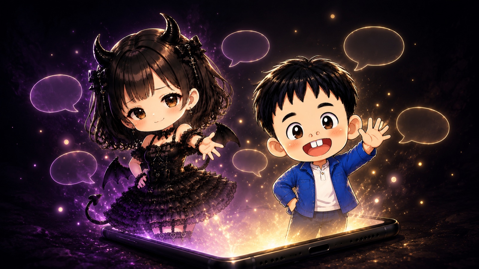 スマートフォンの光の中から現れる、悪魔ちゃんとウェーブ君
